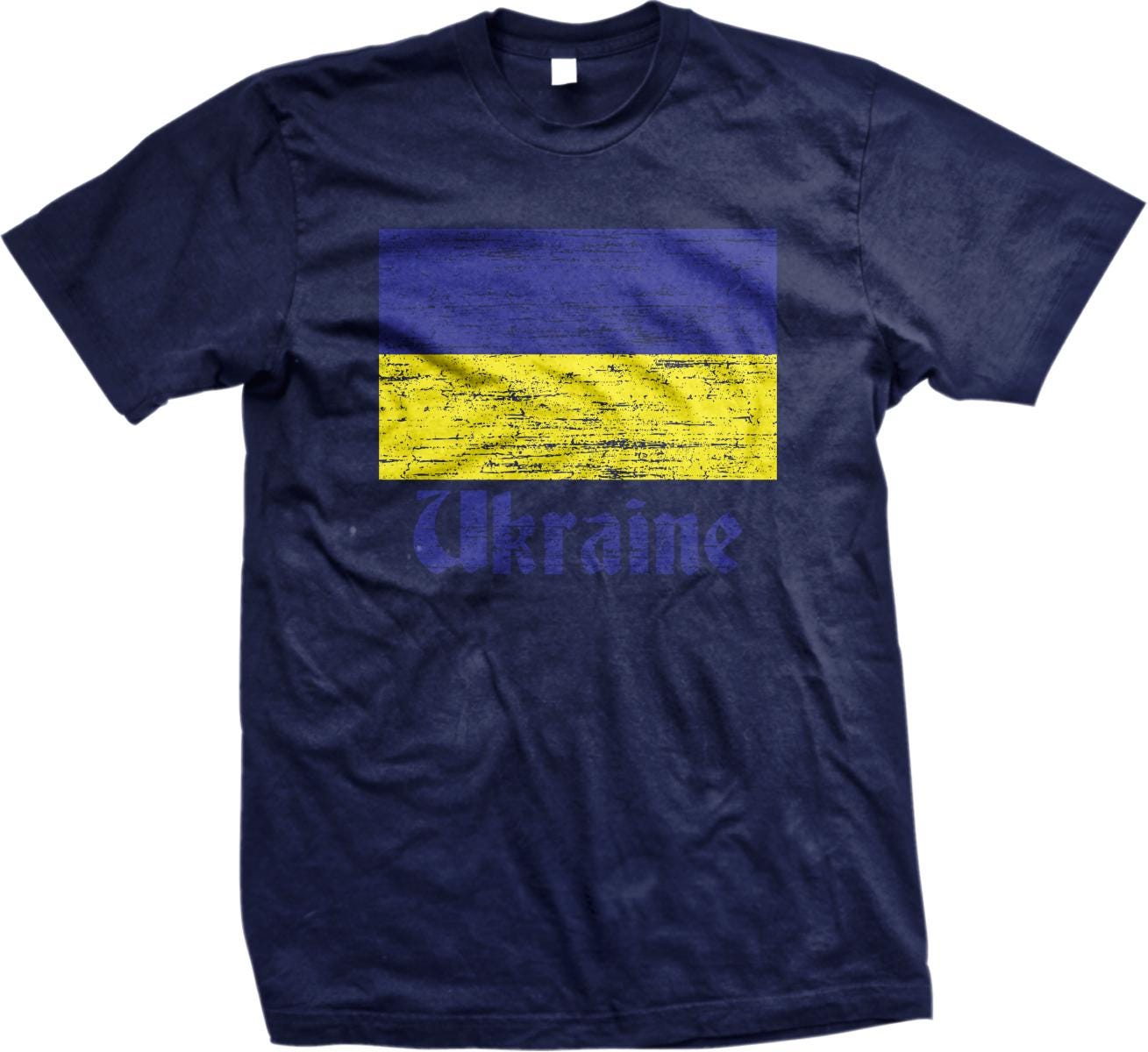 A navy blue t-shirt with a graphic design featuring the flag of Ukraine, which consists of a blue field with a yellow stripe. The word &quot; Ukraine&quot; is printed below the flag.