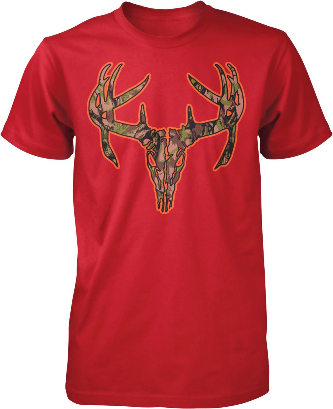 A red t-shirt with a camouflage-patterned skull design on the front.