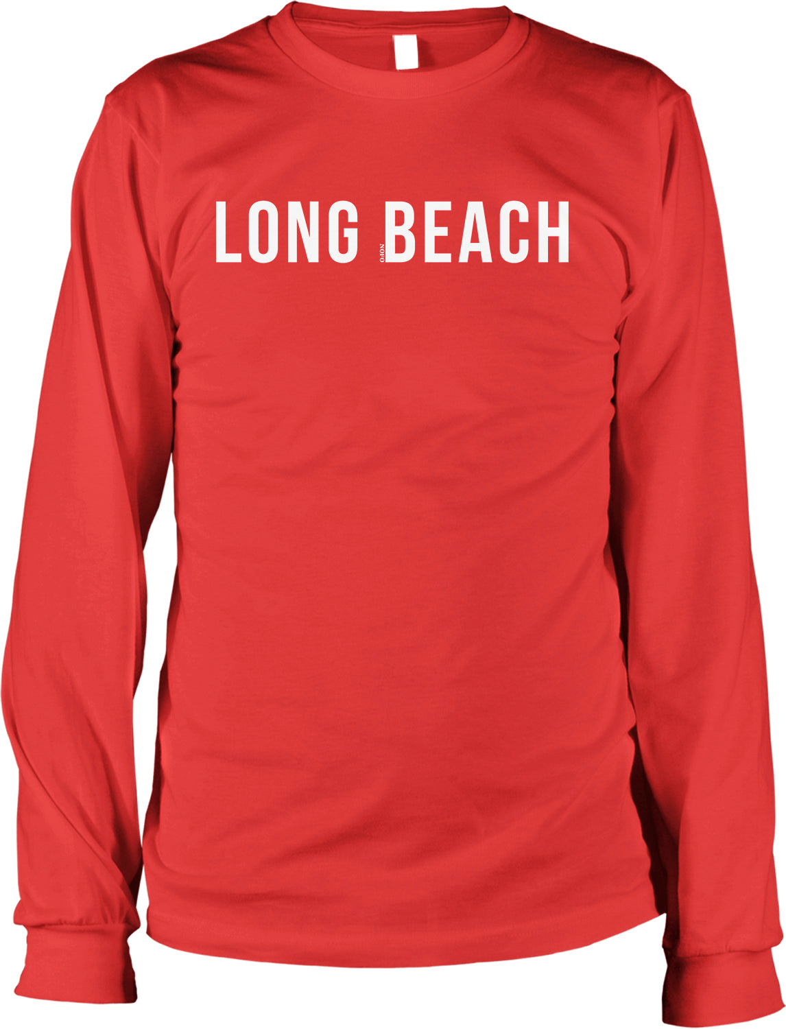 A red long-sleeved t-shirt with the text "LONG BEACH" printed on it.
