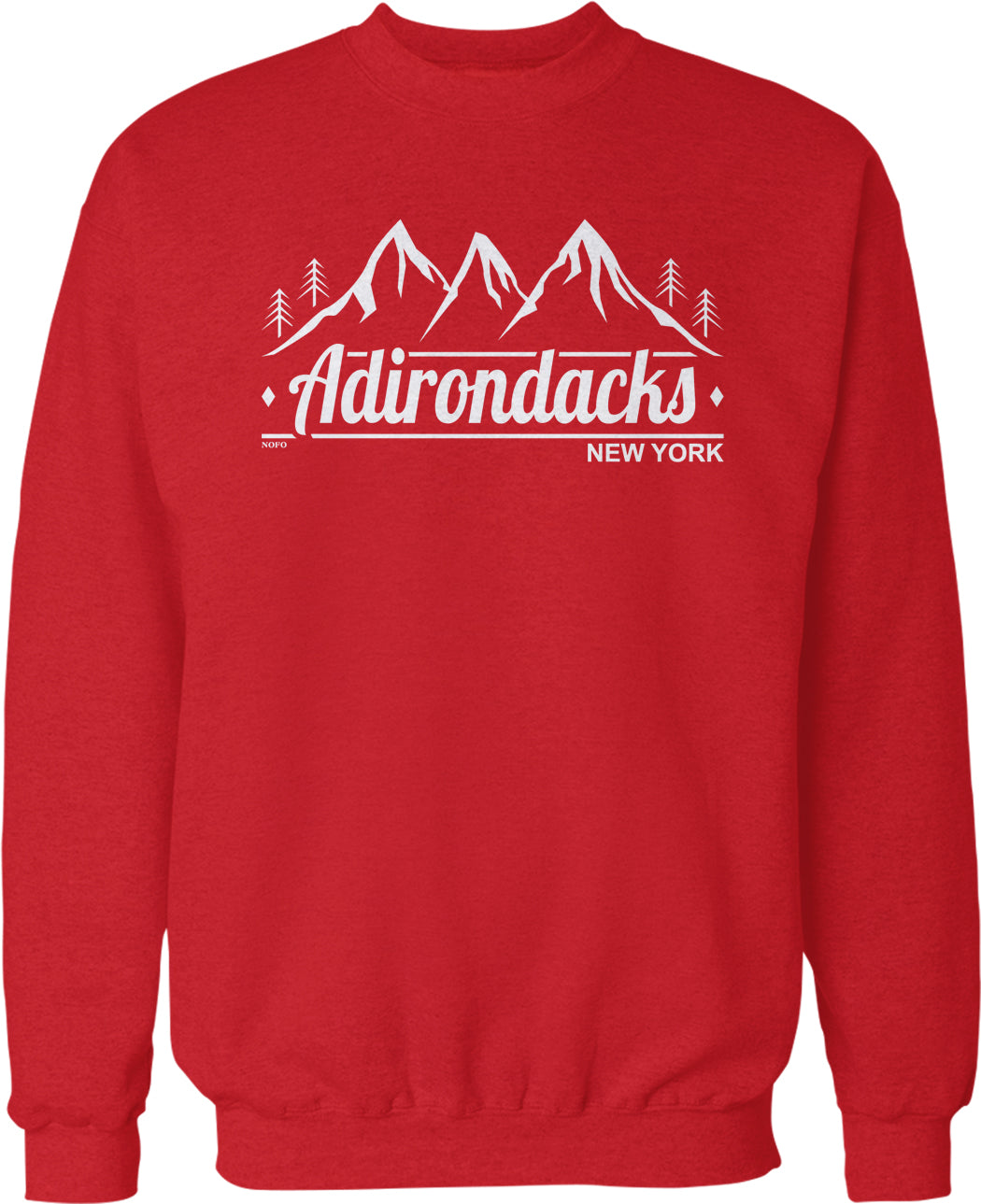 A red sweatshirt with a graphic design featuring mountains and trees, along with the text "Adirondacks New York".