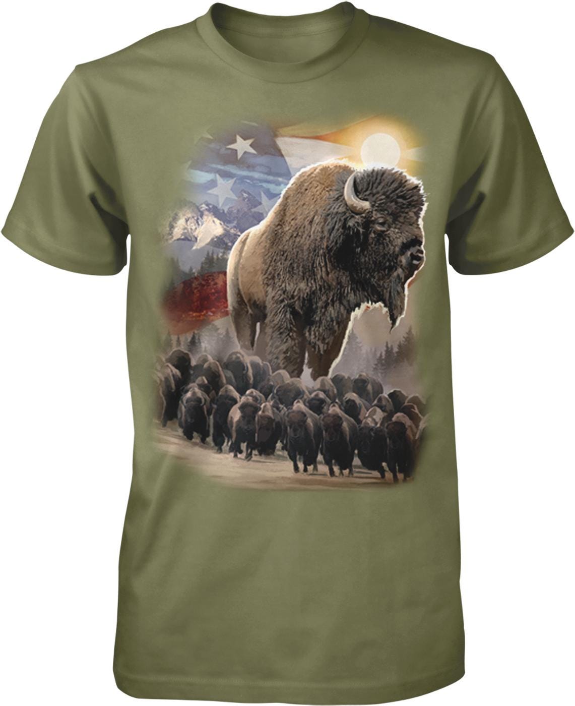 A t-shirt design featuring a large buffalo surrounded by smaller buffalo, with an American flag in the background.