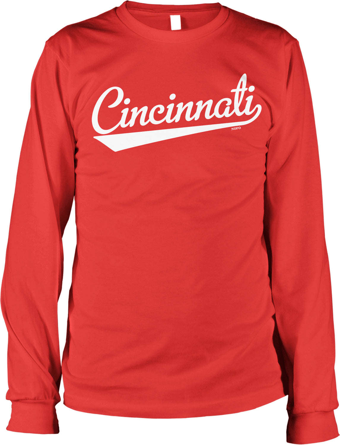 A red long-sleeved shirt with the word "Cincinnati" printed in white text across the front.