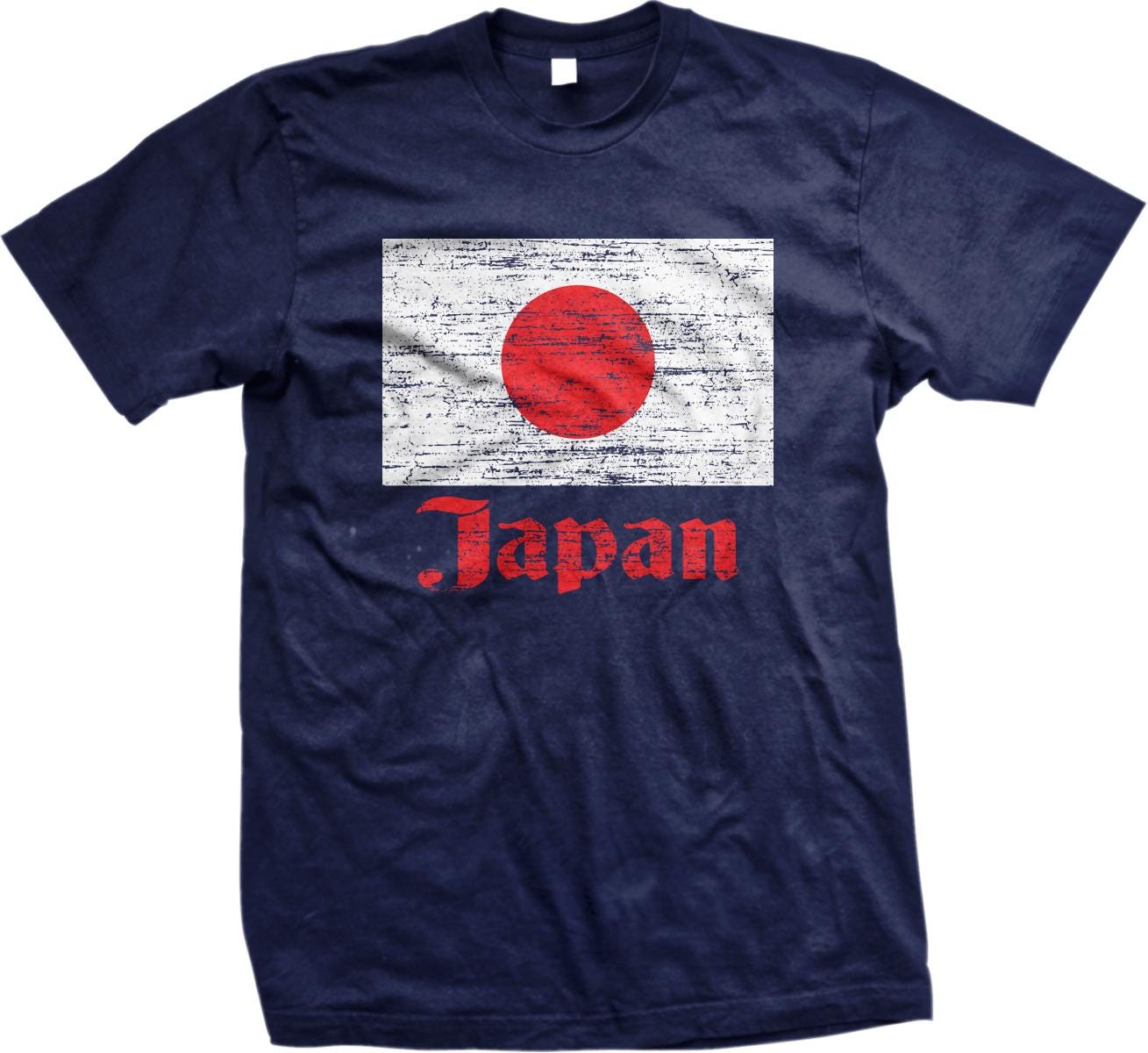 A navy blue t-shirt with a graphic design featuring the flag of Japan and the word "Japan" written in red text.