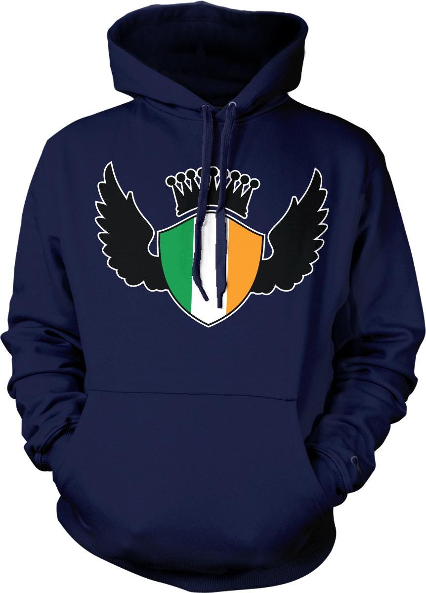 A navy blue hoodie with a graphic design featuring a shield with a crown and wings.