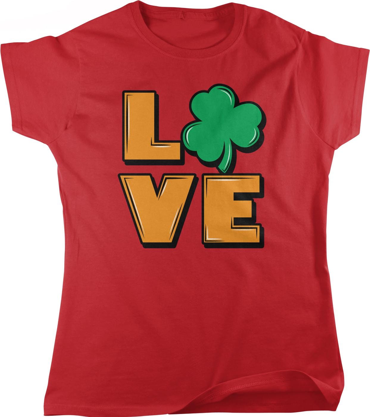 A red t-shirt with the word "LOVE" and a green shamrock graphic printed on it.