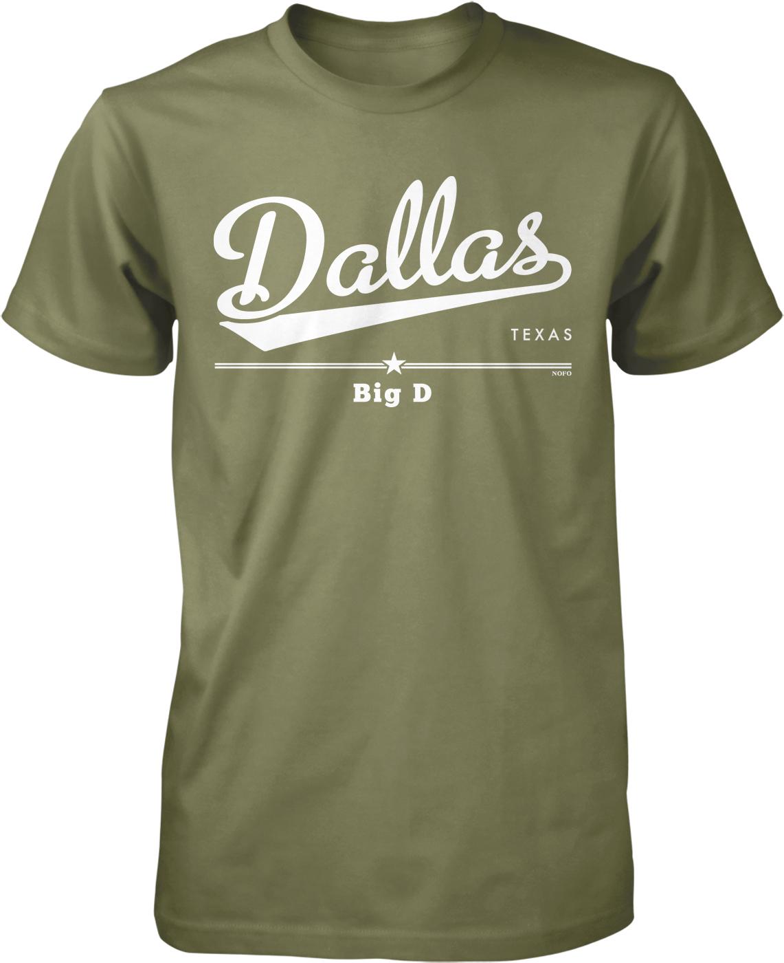 A green t-shirt with white text that says "Dallas, TX" and "Big D".