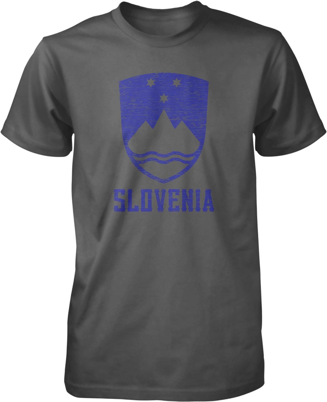 A gray t-shirt with a blue graphic design depicting a shield with mountains and waves, along with the text "SLOVENIA" below it.