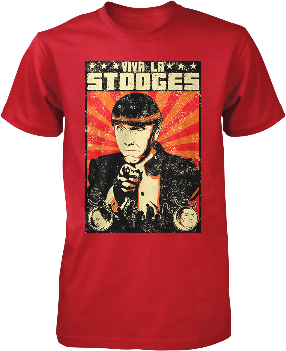 A red t-shirt with a graphic design featuring a man's face and the text "VIVA LA STOOGES" prominently displayed.