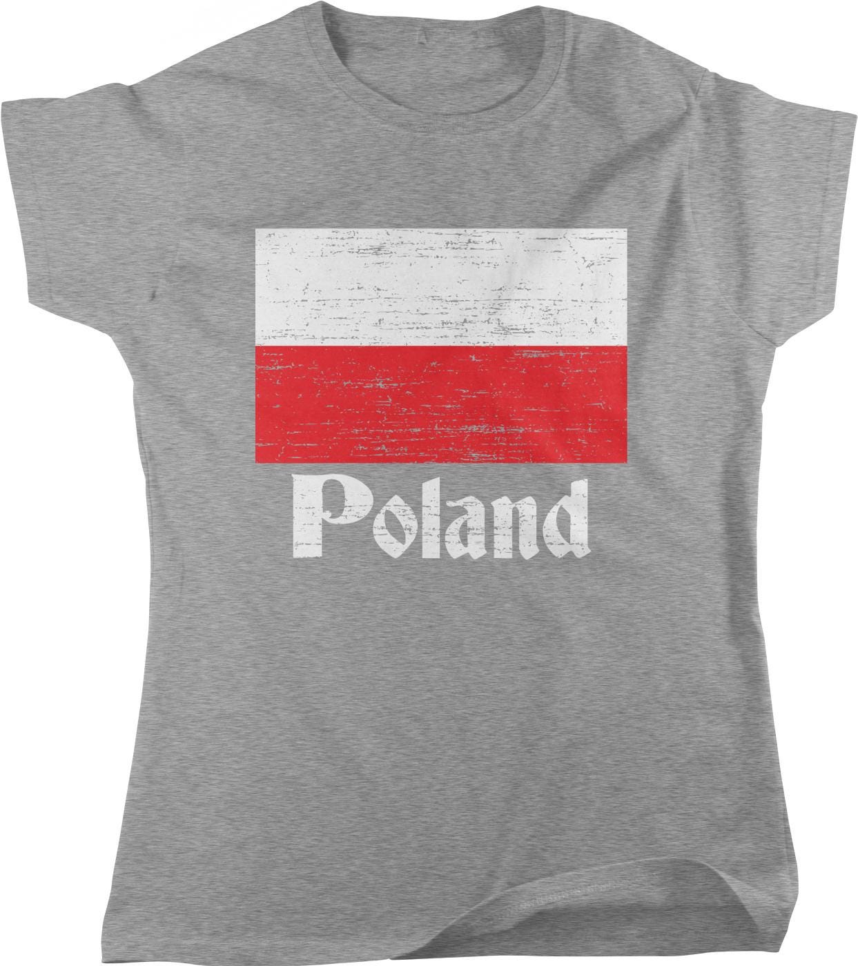 A gray t-shirt with a graphic design featuring the flag of Poland and the word "Poland" printed on it.