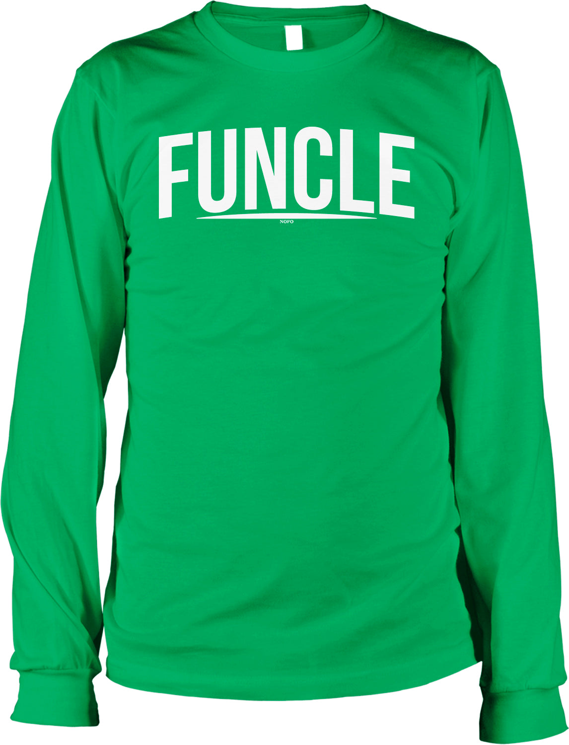 A bright green long-sleeved shirt with the word "FUNCLE" printed in white letters.