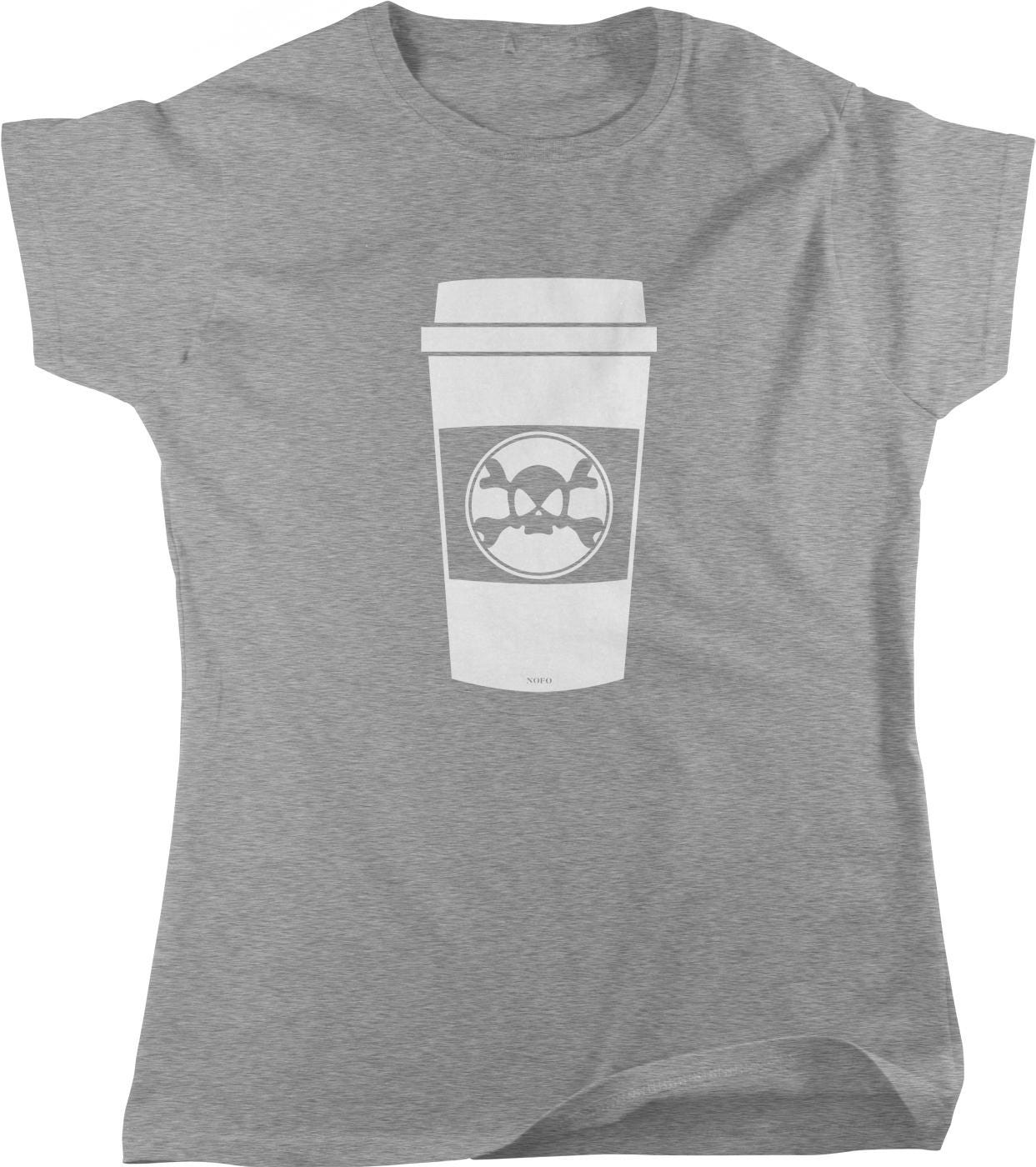 A gray t-shirt with a white coffee cup graphic printed on it.