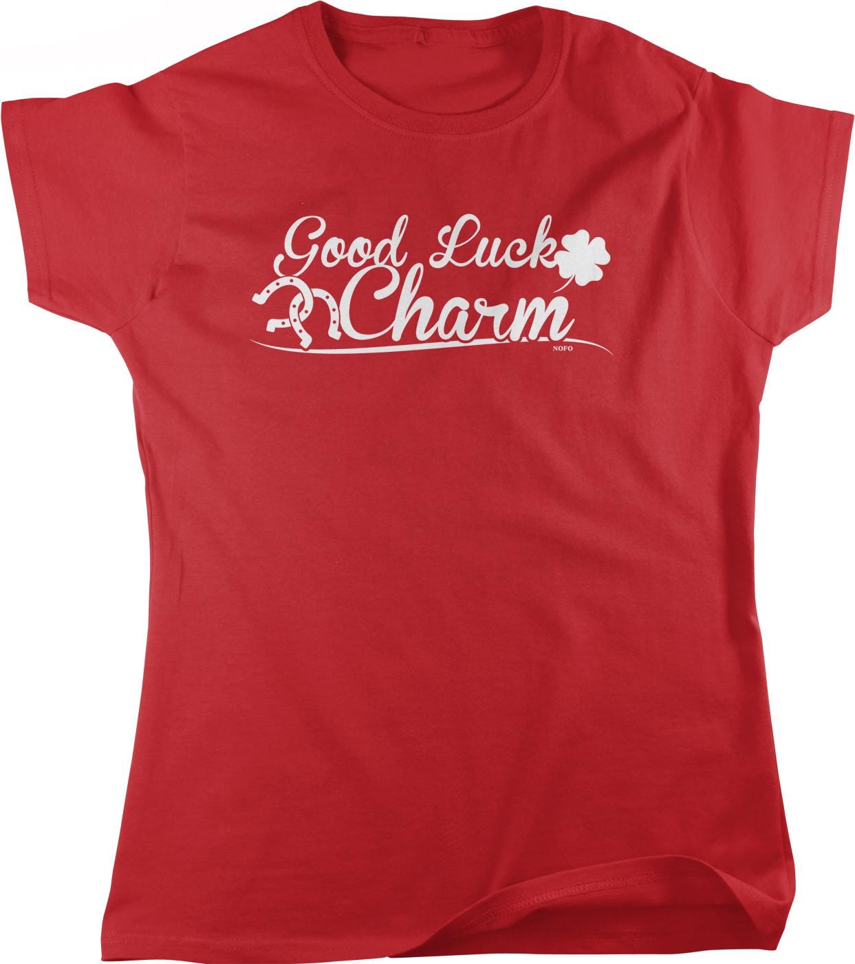 A red t-shirt with the text "Good Luck Charm" printed on it.