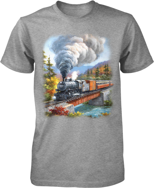 Locomotive Bridge T-Shirt – Vintage Train Shirt With Seamless Rib Collar
