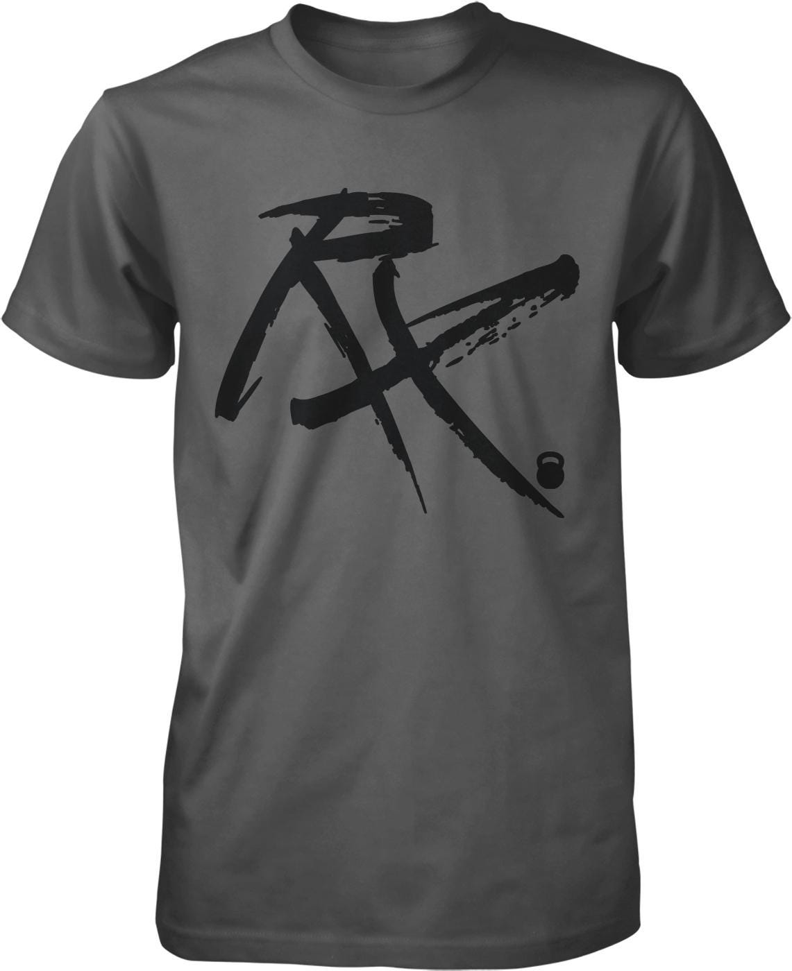 A gray t-shirt with a black graphic design featuring a stylized "R" and a kettlebell symbol.