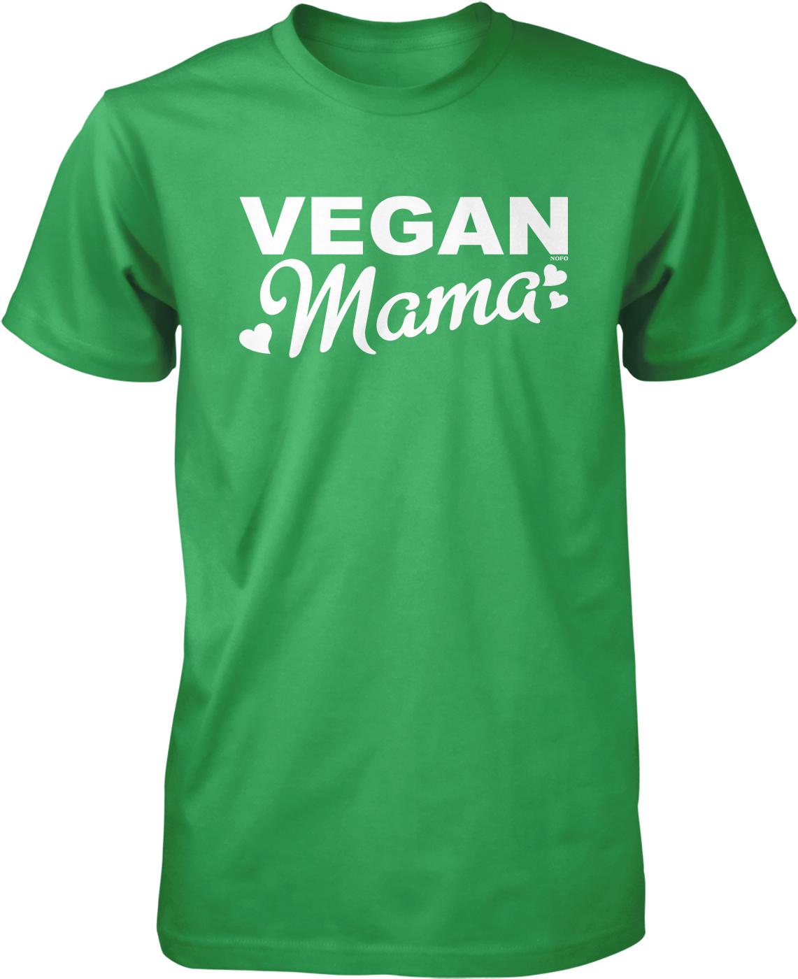 A green t-shirt with the text "VEGAN MAMA" printed on it.