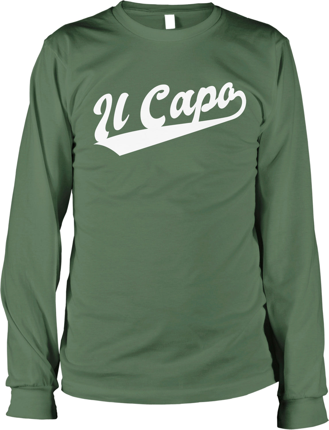 A green long-sleeved shirt with the text "U Capo" printed on it in white.