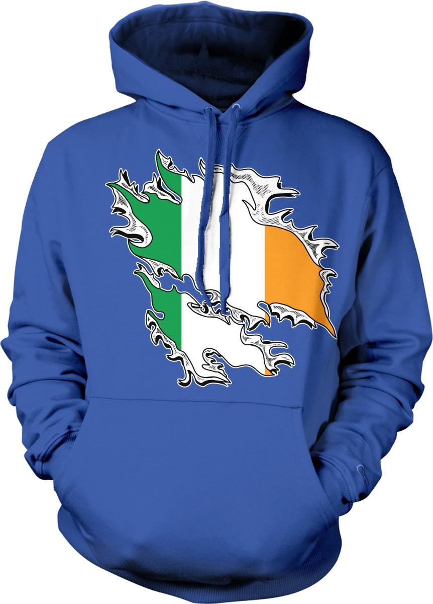 A blue hoodie with a graphic design depicting the flag of Ireland.