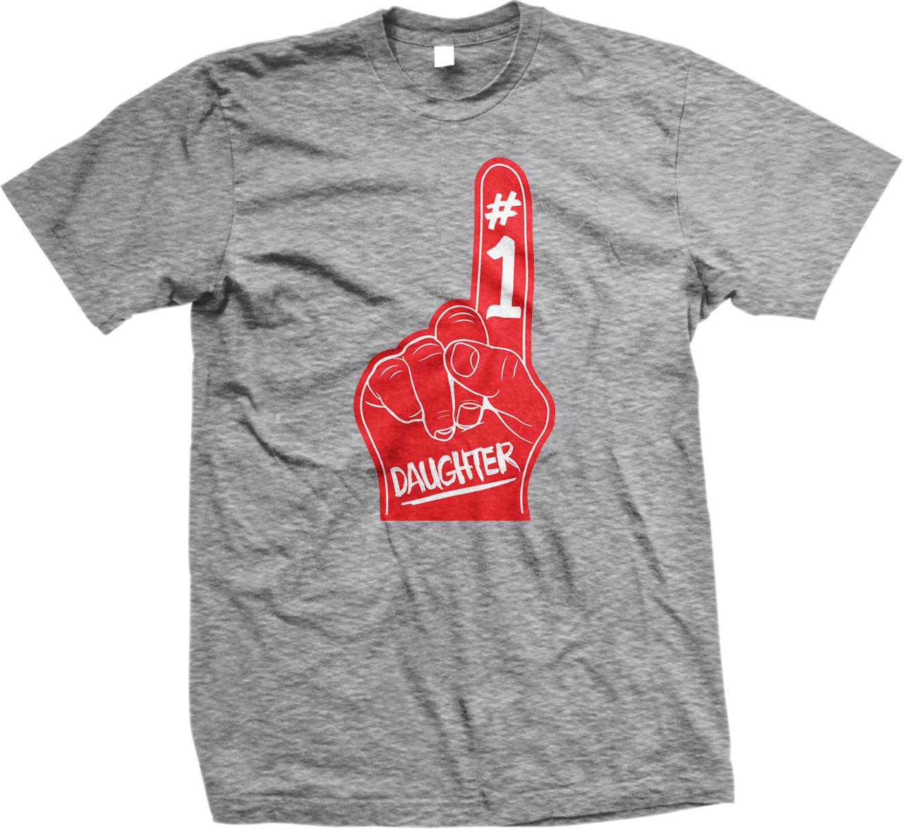 A gray t-shirt with a red foam finger graphic and the text "Daughter" printed on it.