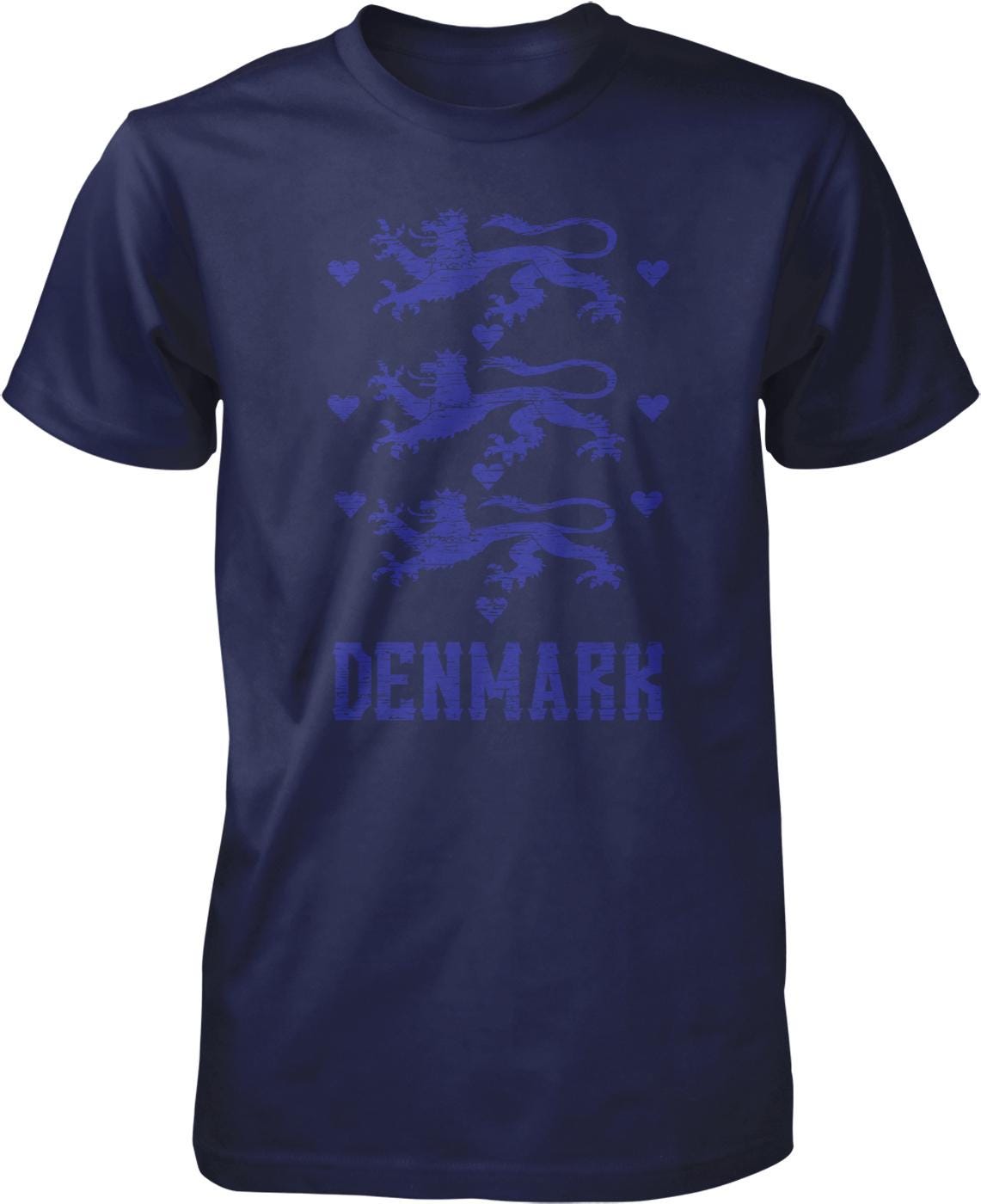 A navy blue t-shirt with a graphic design featuring a blue lion and heart pattern, along with the word "DENMARK" printed below.