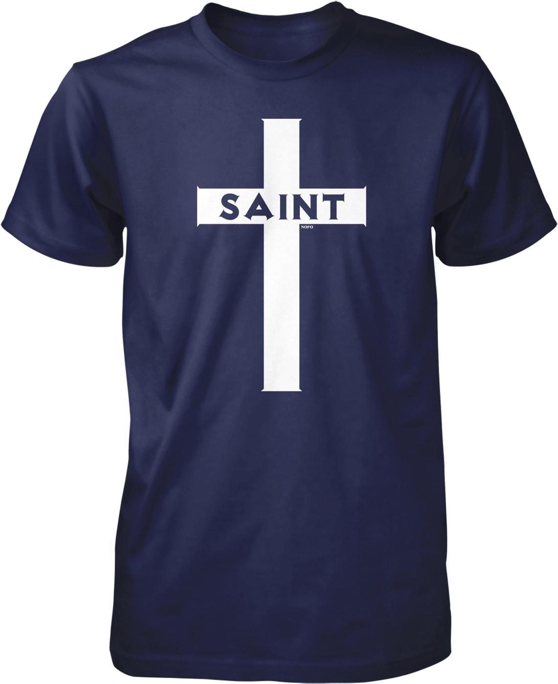 A navy blue t-shirt with a white cross graphic and the word "SAINT" printed on it.