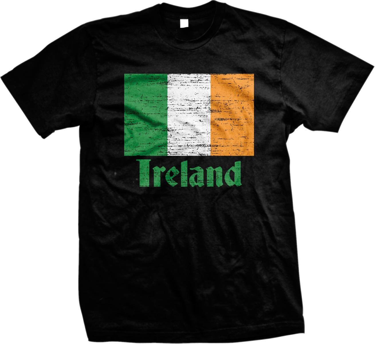 A black t-shirt with the word "IRELAND" printed on it, along with a graphic of the Irish flag.