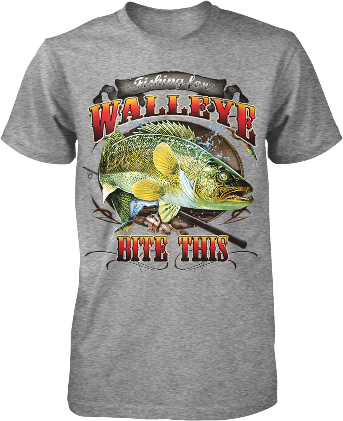 A gray t-shirt with a graphic design featuring a large fish and the text "Fishing for WALLEYE BITE THIS".