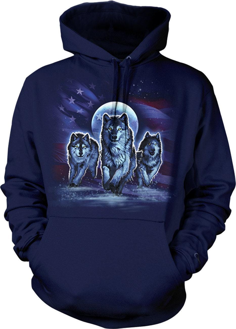 American Flag Hoodie - Wolfpack Running Moonlight Full Moon Design Sweatshirt