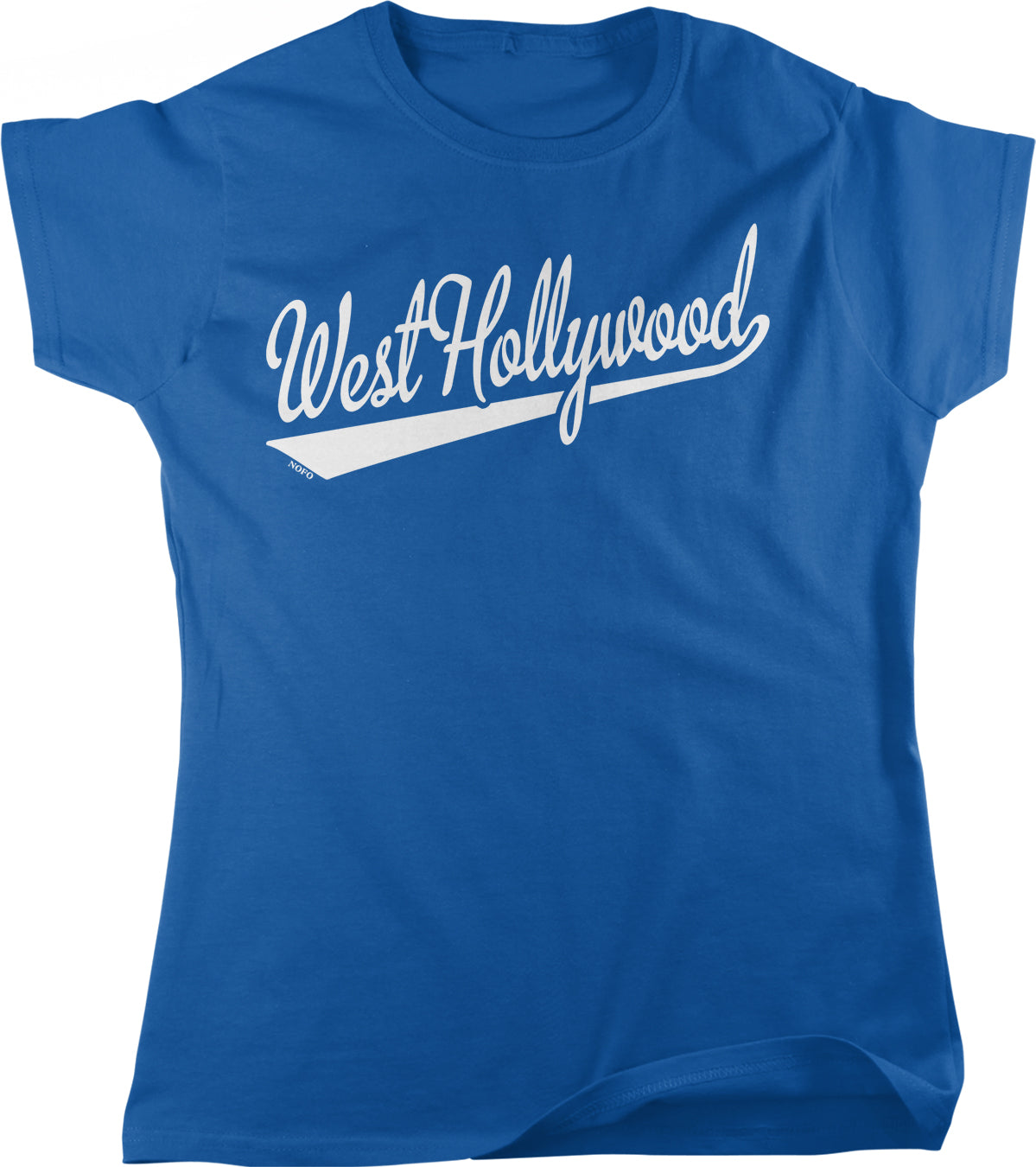 A blue t-shirt with the text "West Hollywood" printed on it in white lettering.