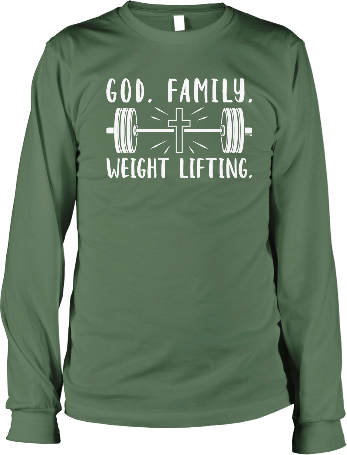 A green long-sleeved t-shirt with white text and graphics printed on it.