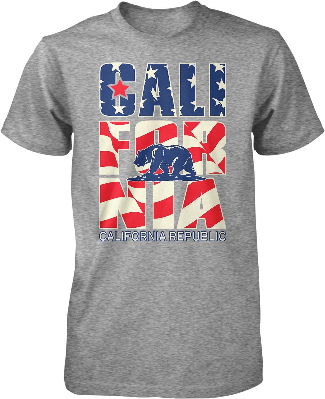 A gray t-shirt with the text "CALIFORNIA REPUBLIC" and an image of a bear, along with the American flag design.