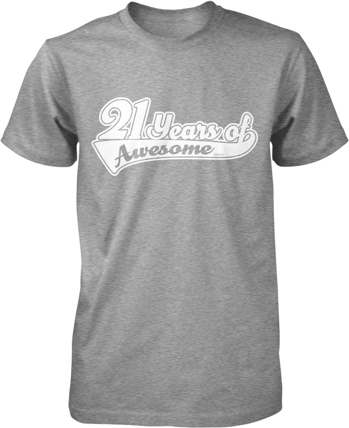 A gray t-shirt with the text "21 years of Awesome" printed on it.