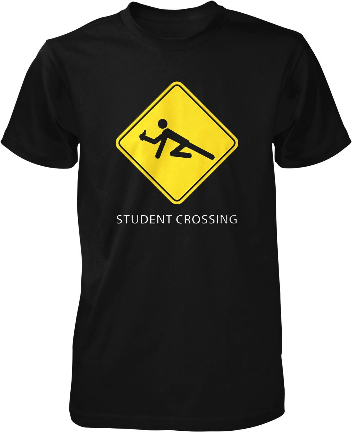 A black t-shirt with a yellow diamond-shaped sign featuring a person in a kneeling position and the text "Student Crossing" below it.