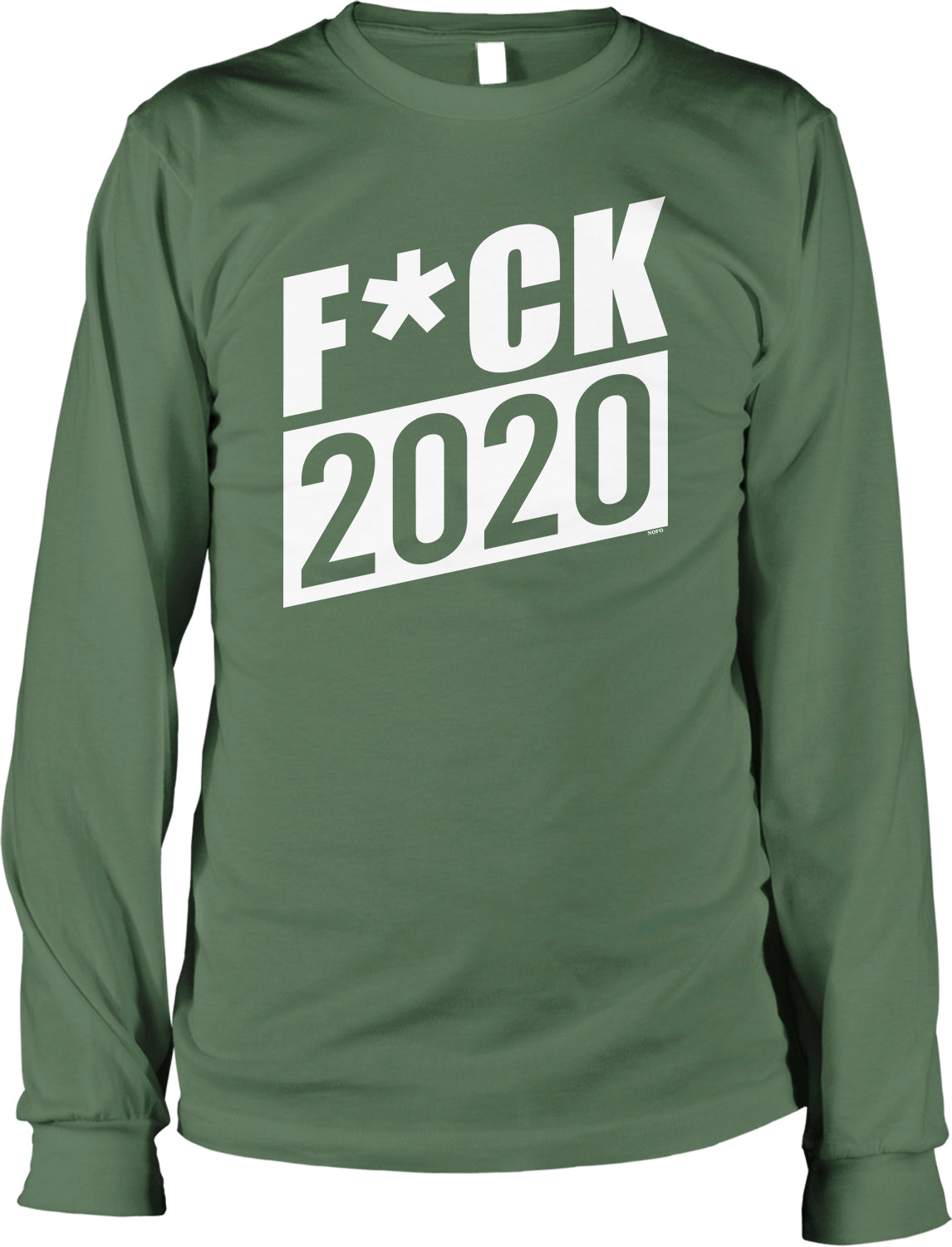 A green long-sleeved t-shirt with the text "F*CK 2020" printed on it in white.