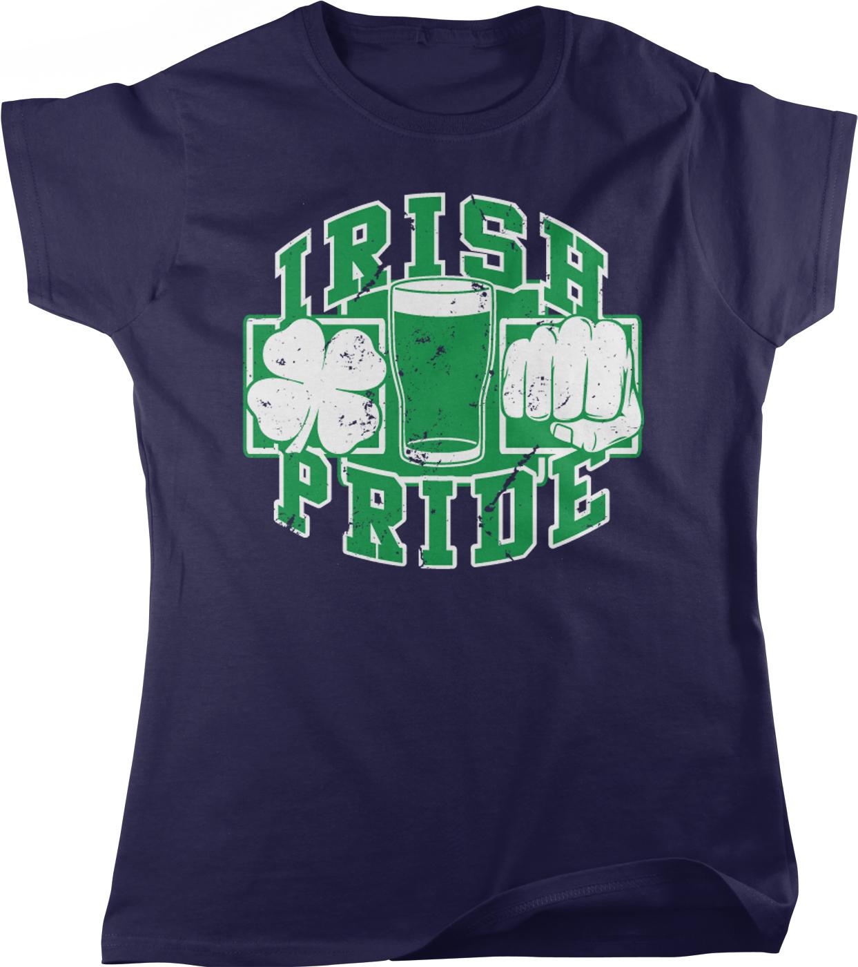 A dark blue t-shirt with a graphic design featuring the text "IRISH PRIDE" and a glass of beer, along with clovers, all in green and white colors.