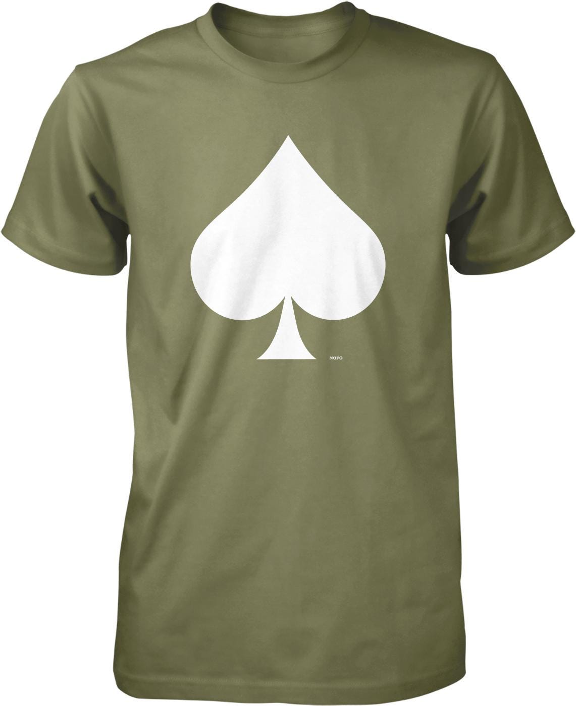 A green t-shirt with a white graphic of a spade symbol printed on it.