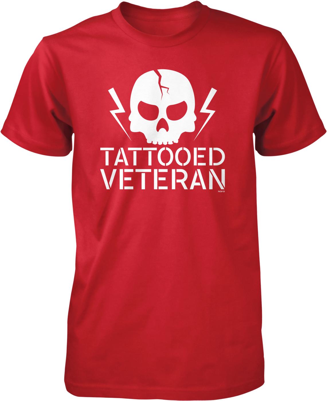 A red t-shirt with a white skull graphic and the text "TATTOOED VETERAN" printed on it.