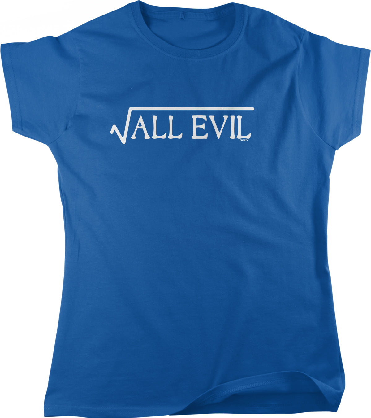 A blue t-shirt with the text "ALL EVIL" printed on it.