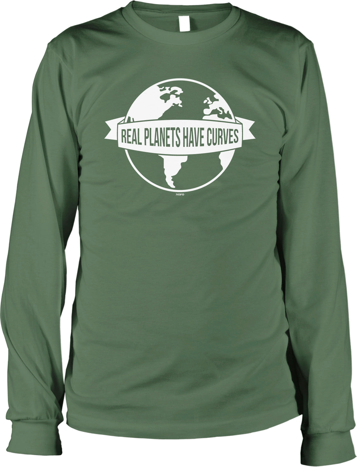 A green long-sleeved t-shirt with a white graphic design on it. The design features a globe and the text "Real planets have curves" written across it.