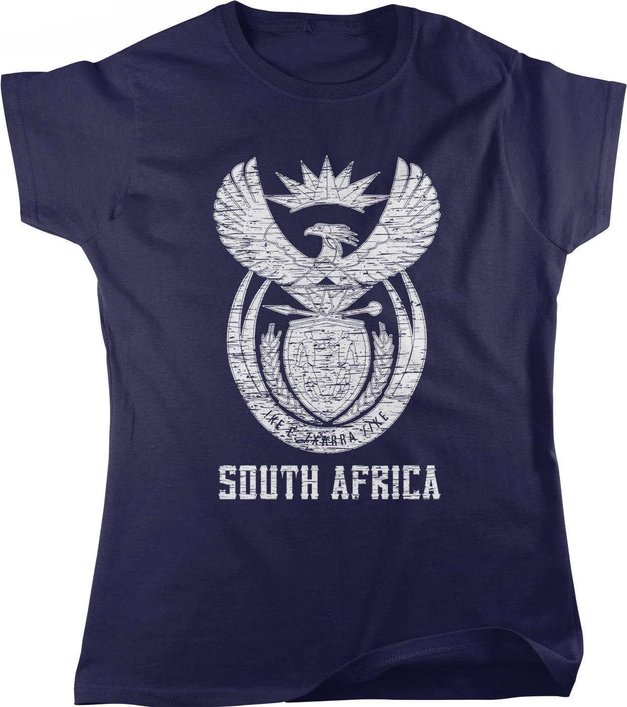 A navy blue t-shirt with a graphic design depicting a bird with wings spread, surrounded by a shield and crown, along with the text "SOUTH AFRICA" printed below.