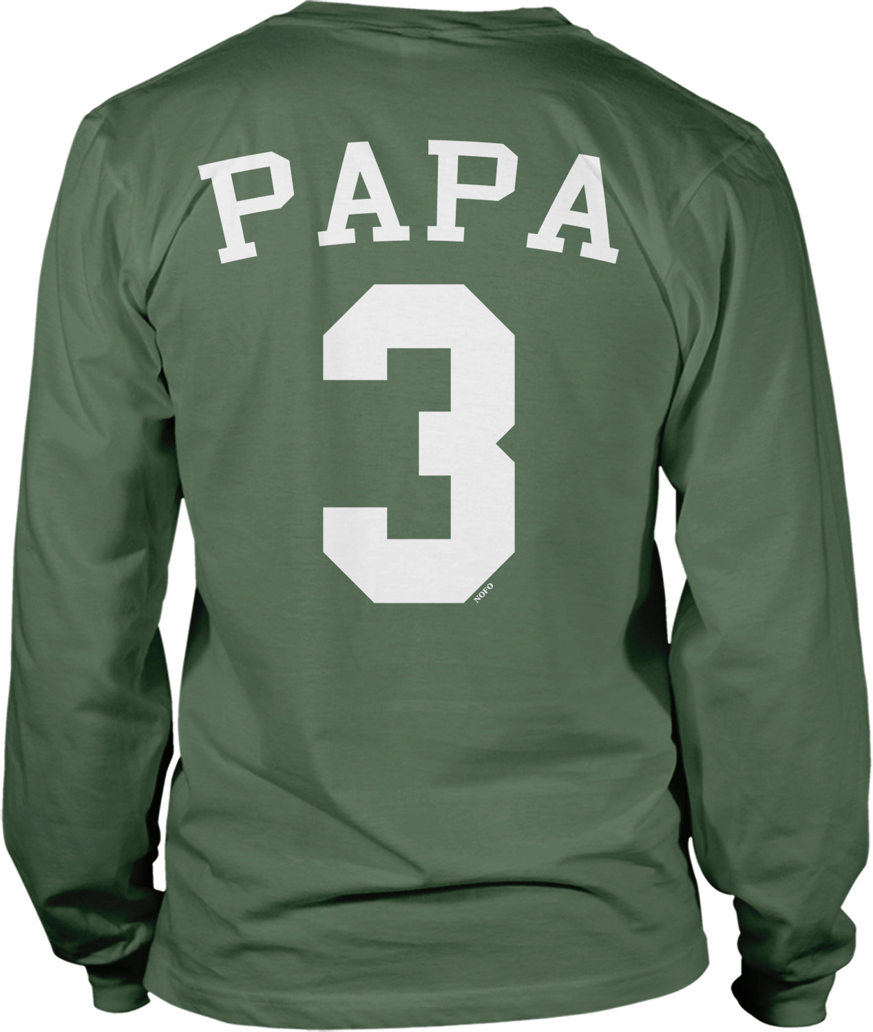 A green long-sleeved t-shirt with the text "PAPA 3" printed on the back.