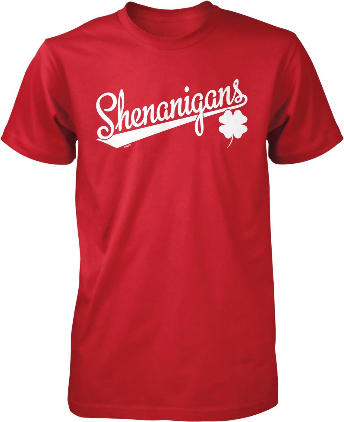 A red t-shirt with the text "Shenanigans" printed on it in white.