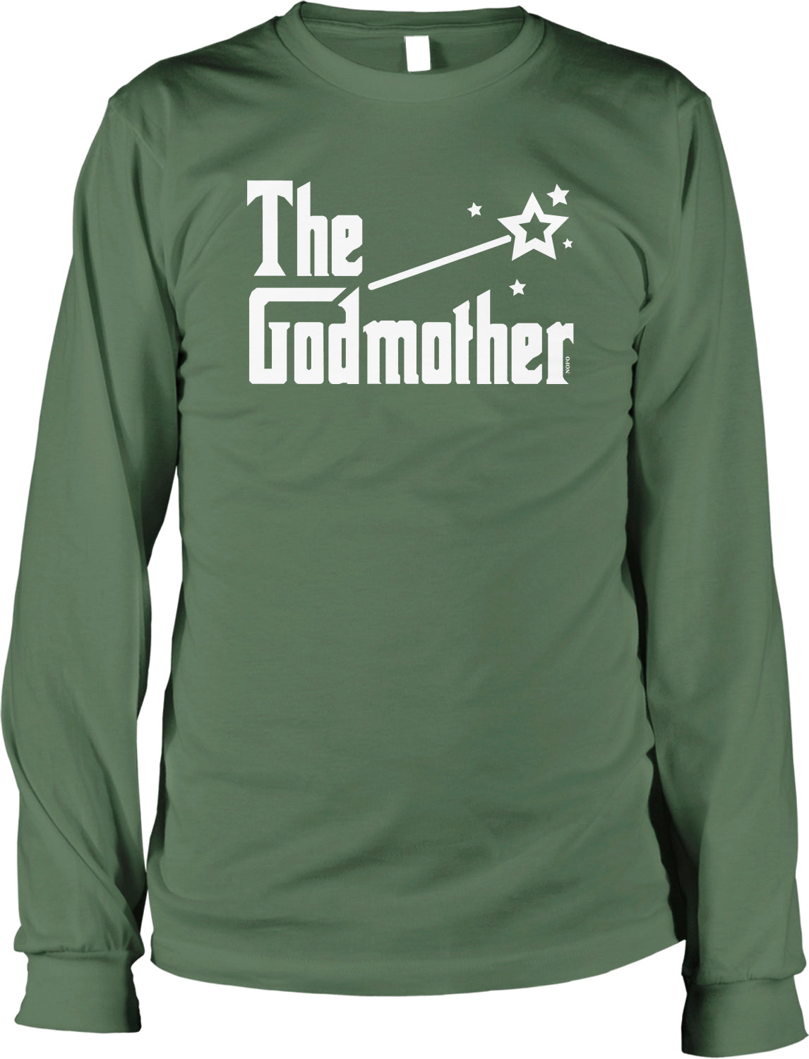 A green long-sleeved t-shirt with the text "The Godmother" printed on it in white.