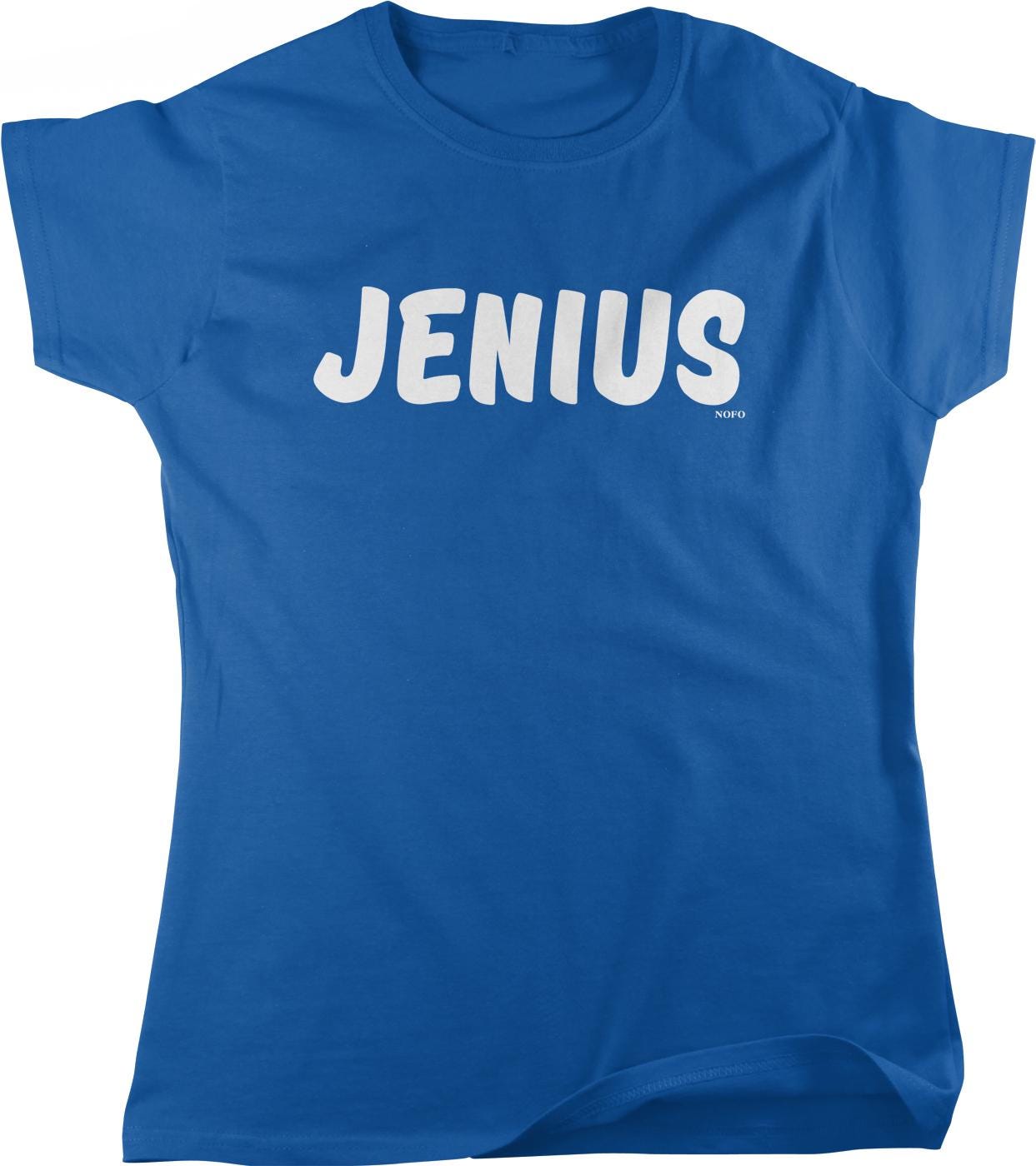 A blue t-shirt with the word "JENIUS" printed in white letters.