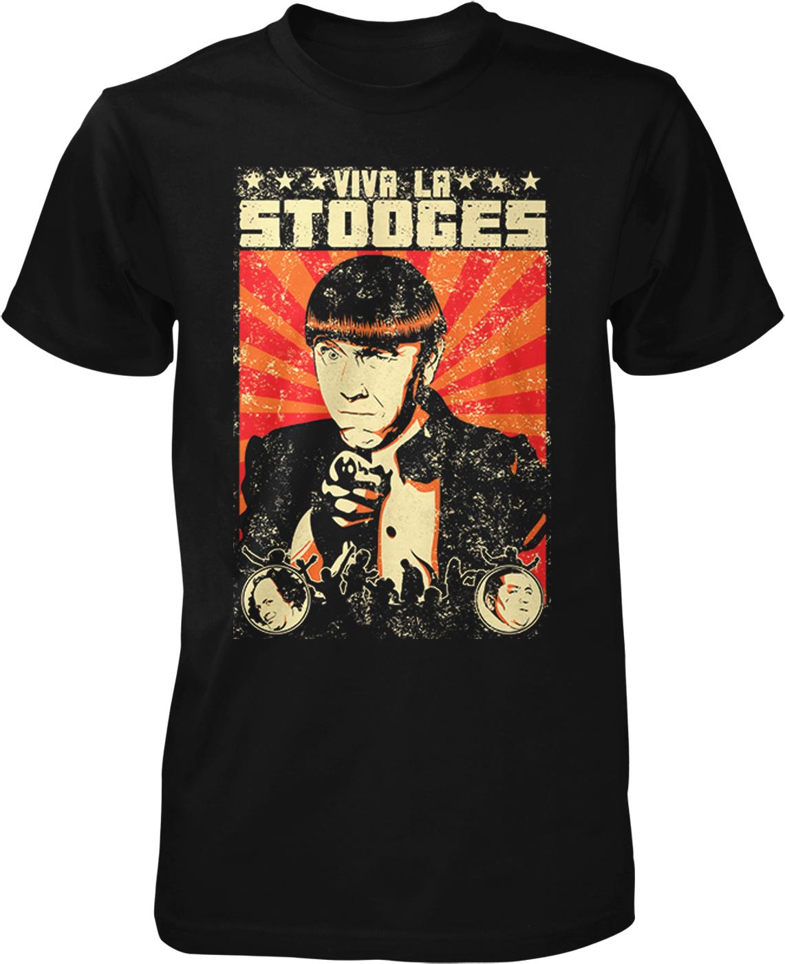 a black t-shirt with a graphic design depicting a man with a serious expression, surrounded by various elements such as a clock and a starburst background.