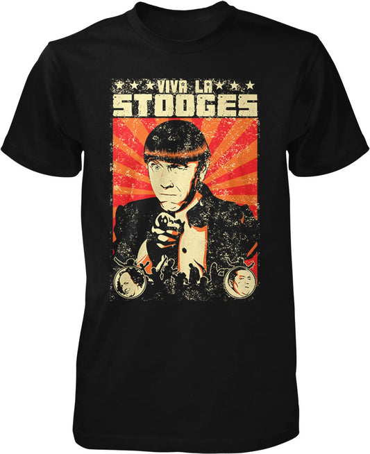 a black t-shirt with a graphic design depicting a man with a serious expression, surrounded by various elements such as a clock and a starburst background.