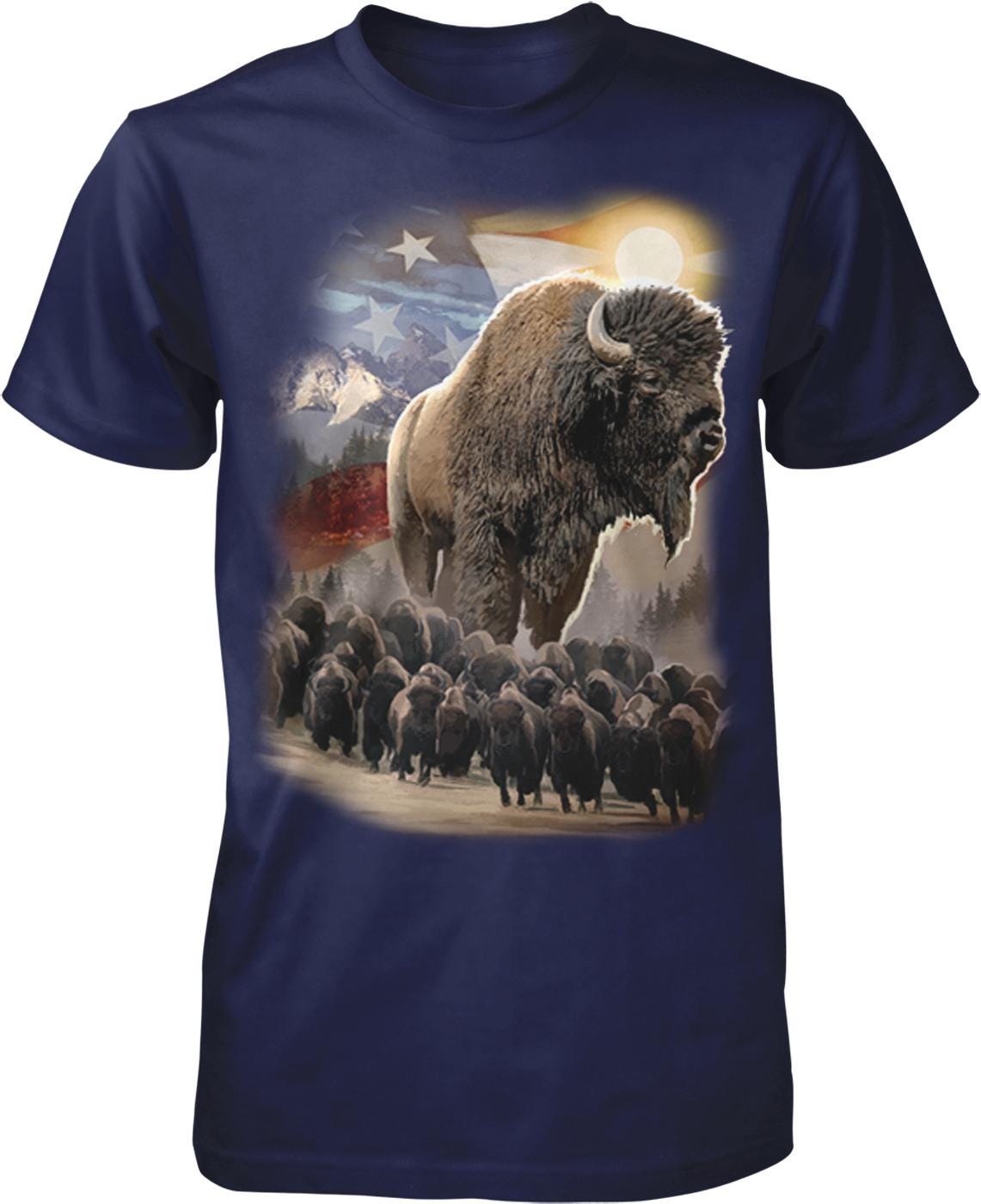 A t-shirt design featuring a large buffalo surrounded by smaller buffalo, with a backdrop of mountains, a flag, and a bright sun.