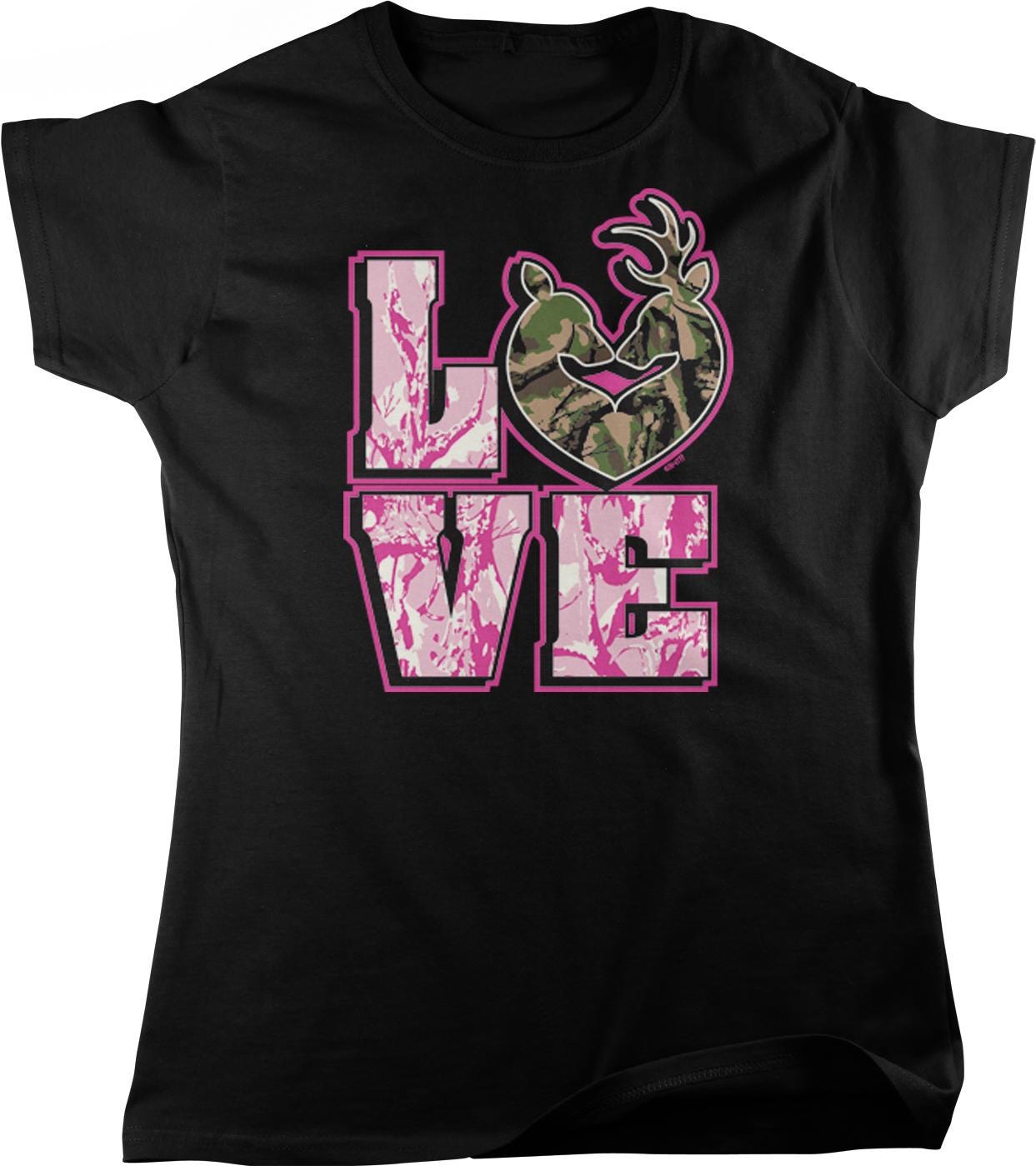 A black t-shirt with a graphic design featuring the word "LOVE" in pink and green colors, along with a camouflage-like shape resembling a deer or deer head.
