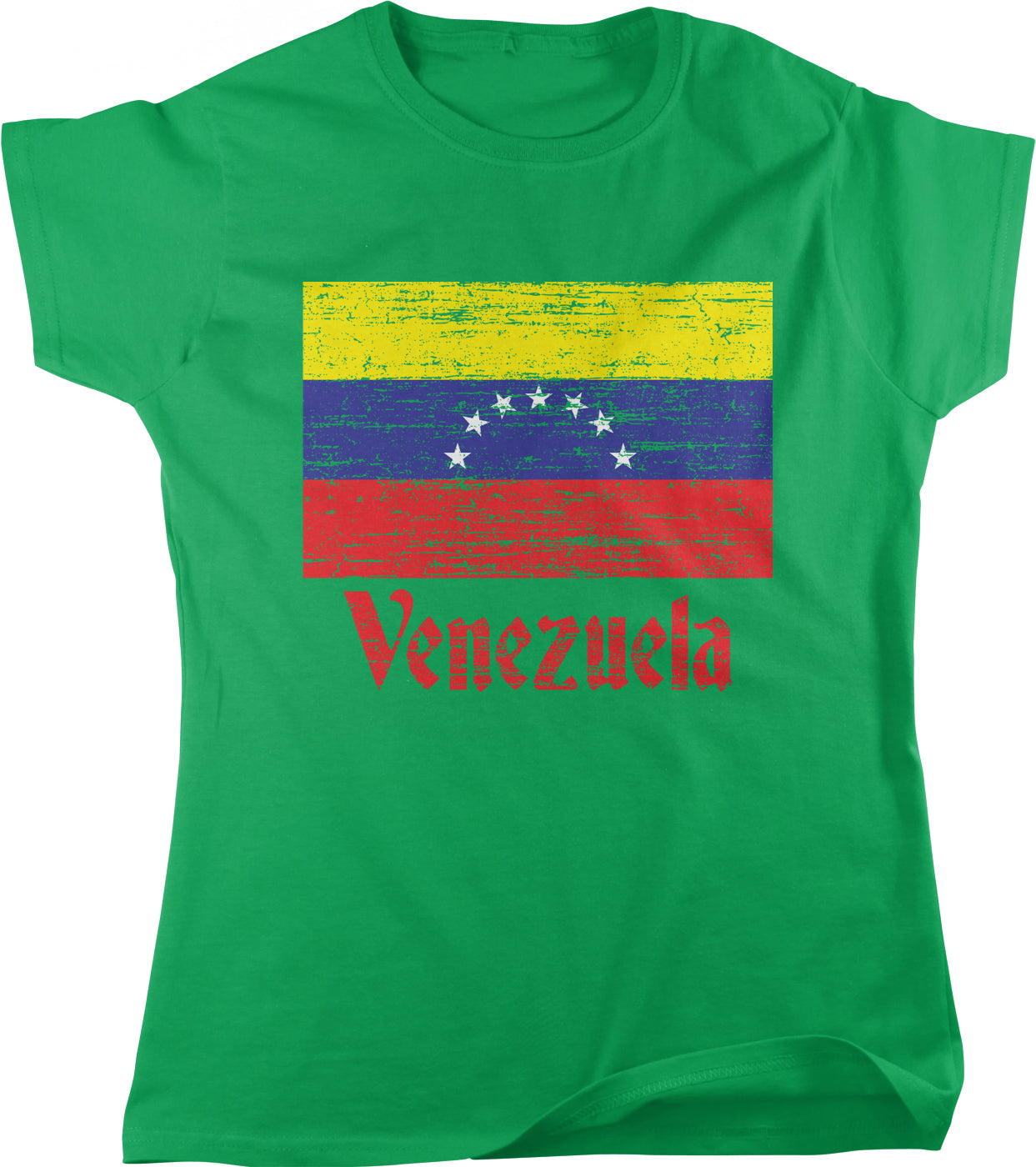 A green t-shirt with a graphic design featuring the flag of Venezuela.