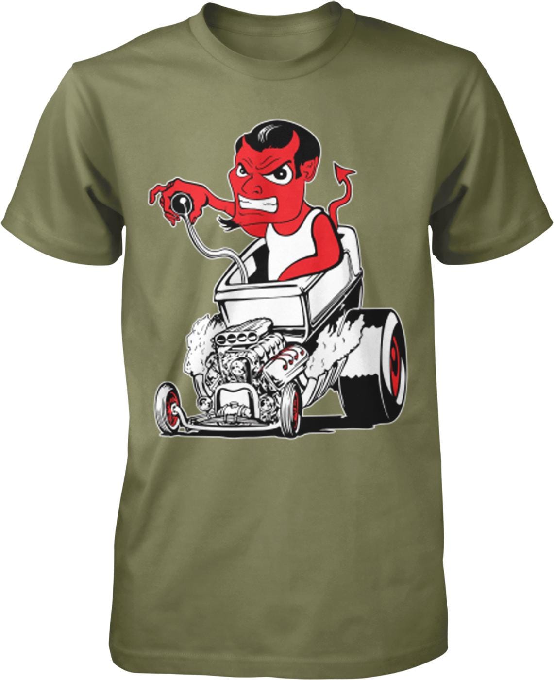 A t-shirt design featuring a cartoon devil character riding a car with a large engine.