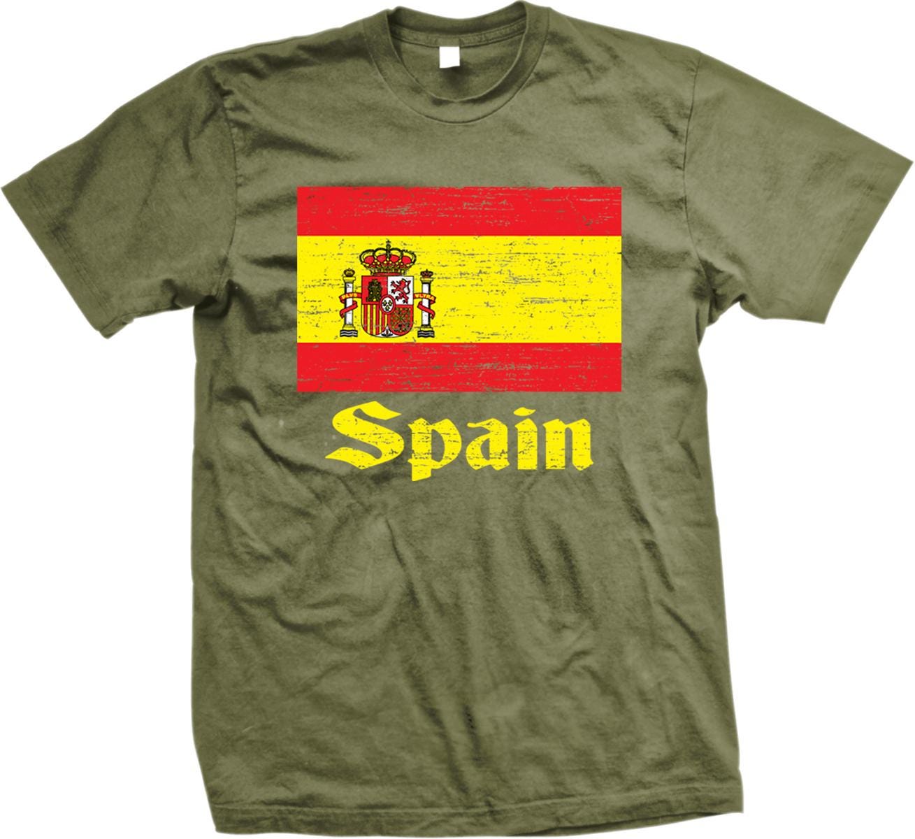 A green t-shirt with a graphic design depicting the flag of Spain and the word "Spanish" written below it.